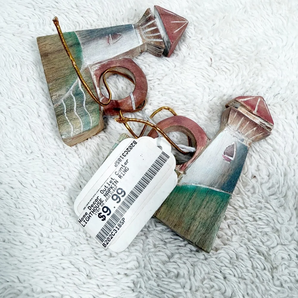 Cottage Nautical 8 Wooden Napkin Rings Sailboat Lighthouse Beach Table Decor